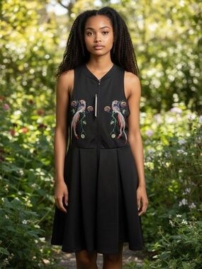 Buffalo David Bitton Black Mini Dress with Pink and Gold Embroidered Birds